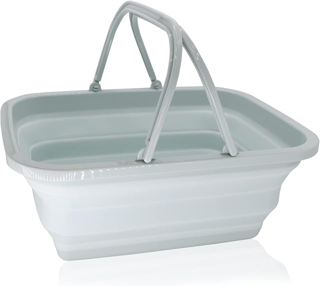 Collapsible Washing Bowl, Folding Washing Up Bowl With Handles, Foldable Washing Basin for Outdoor Camping, Travel, Kitchen and Caravan, Space Saving Storage ContainerGrey Blue