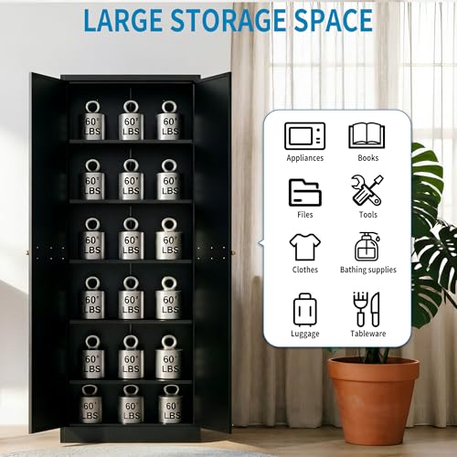 Image of 72 inch H Black Steel Pantry Storage Cabinet with 5 Adjustable Shelves, 6-Tier Tall Metal Cabinets for Kitchen, Living Room, Garage, Heavy Duty Freestanding Utility Cabinet, Assembly Require