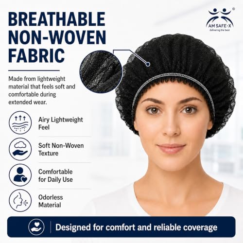 Image of AM Safe-X Disposable Blue Non-Woven Hair Net for Women & Men 50 Pcs | Elastic Bouffant Cap | Lightweight, Breathable & Dust-Proof Hair Cover | Ideal for Food Processing, Hospitals, Salons, Spa|Black