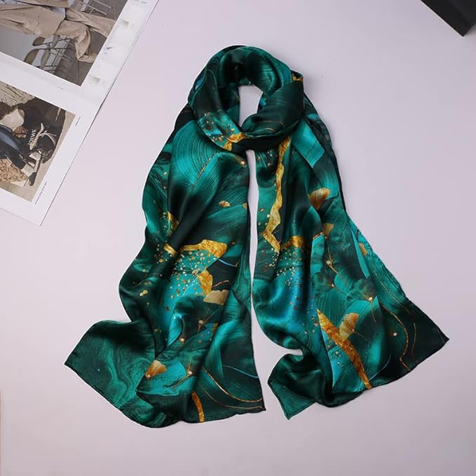 100% Mulberry Silk Scarfs for Women Floral Print Satin Long Scarf for Headscarf Hair Wraps Shawl with Gift Packed2