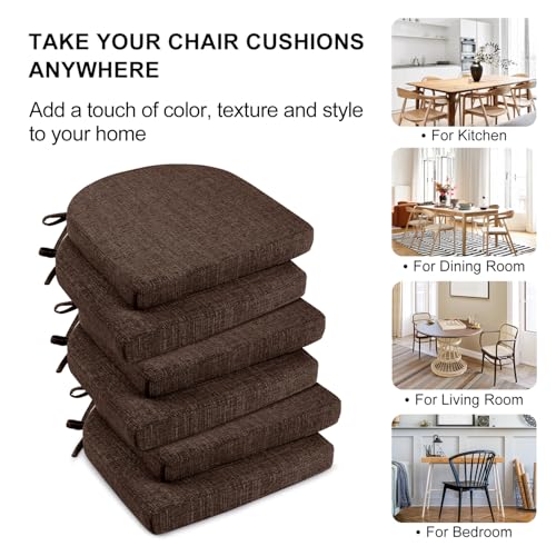 Image of Wellsin Chair Cushions for Dining Chairs 6 Pack - Kitchen Chair Cushions with Ties and Non-Slip Backing - Dining Chair Pads 16 inchX16 inchX2 inch, Brown