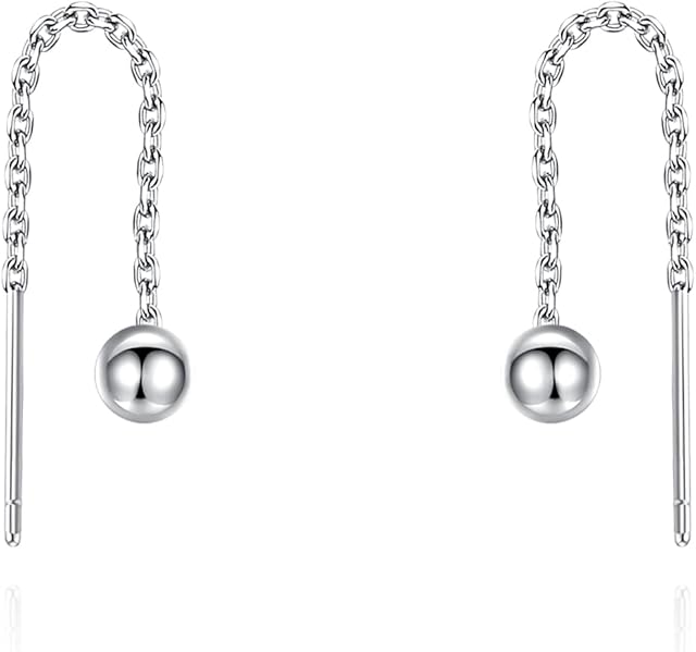 Minimalist 925 Sterling Silver Ball Pull Through Earrings for Women Dangle Short Chain Gold Plated Black Threader Earrings 38mm