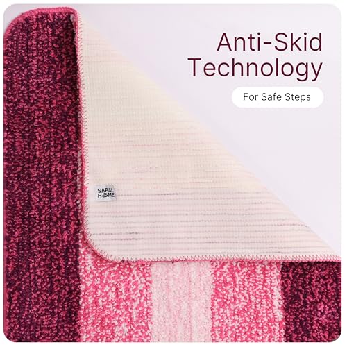 Image of Saral Home Microfiber Striped Rectangle Shaped Anti-Skid Bath Mats | Soft & Super Absorbent Mats for Shower | Washable, Non-Slip & Quick-Drying Mats, 50X70 CM | Pack of 2 (Pink)