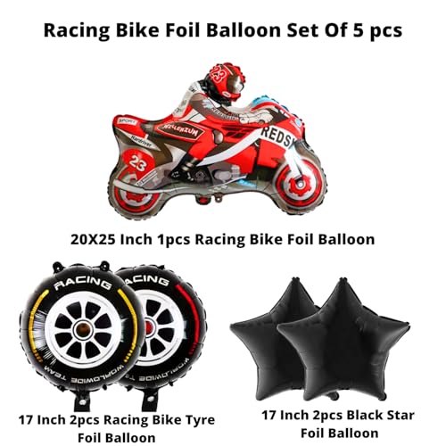 Image of Party Decorz Racing Bike Foil Balloon Set (1 Racing Bike Foil Balloon+ 2 Black Star Foil Balloons+ 2 Bike Wheels Round Foil Balloons) Perfect Racing Theme Decoration Balloon Set