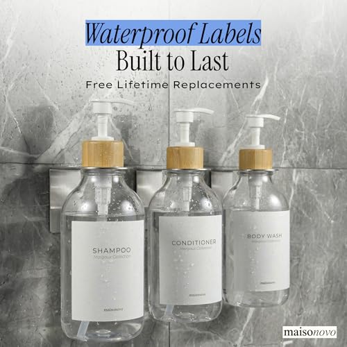 Image of Shampoo and Conditioner Dispenser Wall Mounted Set of 3 Clear Bamboo - No Drill Shower Soap Dispenser for Bathroom Refillable - Spa Hotel Style Accessories by MaisoNovo | 500 ml Shower Gel Dispenser Set of 3. Refillable Shampoo and Conditioner Bottles. Drill Free Secure Design. Clear Bamboo