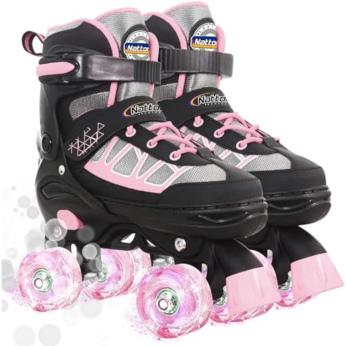 Image of Kids Roller Skates for Girls , Pink Adjustable Rollerskates with Light Up Wheels for Teens Youth Ages 6-12 10 11 12 , Beginners Outdoor Sports , Best Birthday Gift for Girls Kids