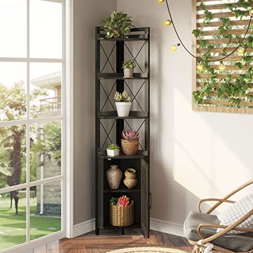 Rolanstar Corner Shelf 5-Tier With Storage, Rustic Corner Bookshelf Stand Storage Rack Plant Stand For Living Room, Home Office, Kitchen, Small Space, Black 12.5"D X 18.9"W X 70.9"H #TOP3