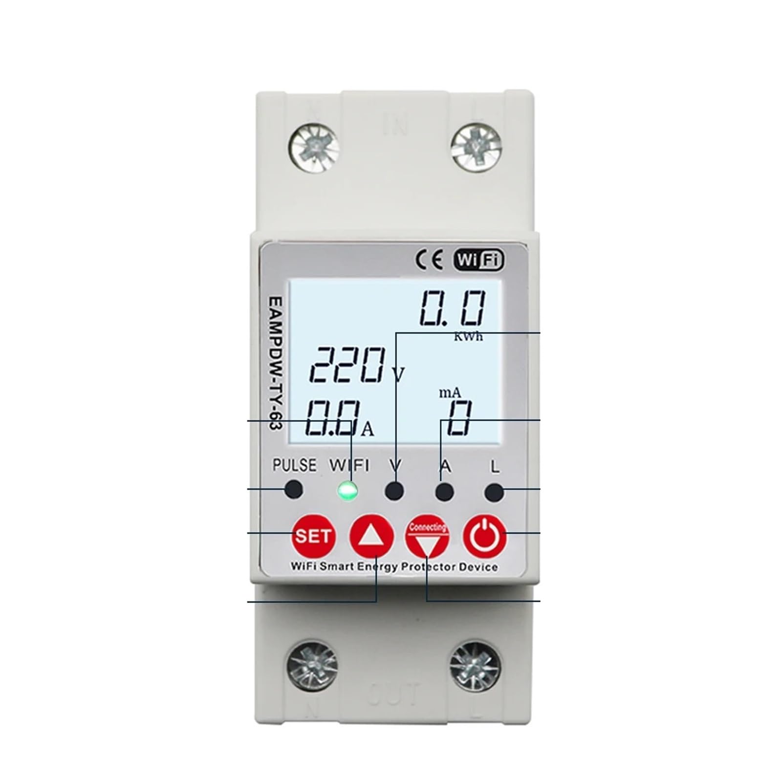 Relé protector sobretensión WiFi 2P 63A con medidor de energía y disyuntor 3