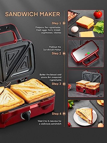 FOHERE Waffle Maker 3 in 1 Sandwich Maker 1200W Panini Press With Removable Plates and 5-gear Temperature Control, Non-stick Coating Easy to Clean,Indicator Lights, Red - Thumbnail 2