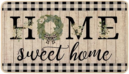 ORTIGIA Home Sweet Home Doormat Indoor Outdoor Patio Welcome Magnolia Wreath Summer Door Mats Non-Slip Durable Entrance Mat for Home Entrance, Outside Entry, Yard, Floor, Patio 17x29 INCH