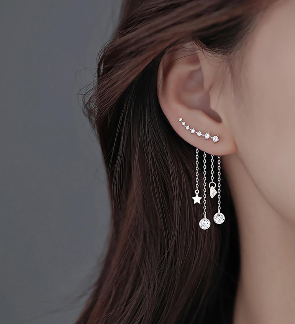 Reffeer Solid 925 Sterling Silver Crawler Earrings Tassel Chain Dangle for Women Teens 7 Crystal Cuff Earrings Climber