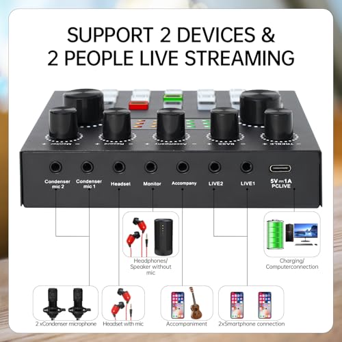 Kit de equipamento de podcasts para 2, interface de áudio com microfones condensadores de troca de v