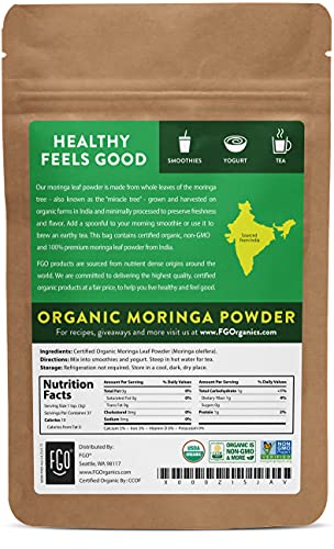 Organic Moringa Oleifera Leaf Powder | Perfect For Smoothies, Drinks, Tea & Recipes | 100% Raw From India | 4Oz Resealable Kraft Bag | By Fgo #TOP6