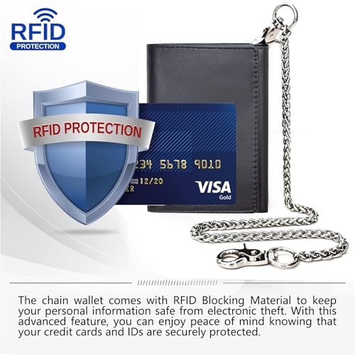 Image of boshiho Genuine Leather Bifold Chain Wallet for Men RFID Blocking | Heavy Duty Steel Anti-Theft Chain & 2 Zipper Coin Purse. Perfect for Bikers, Daily Commute, Gift for Dad /Husband