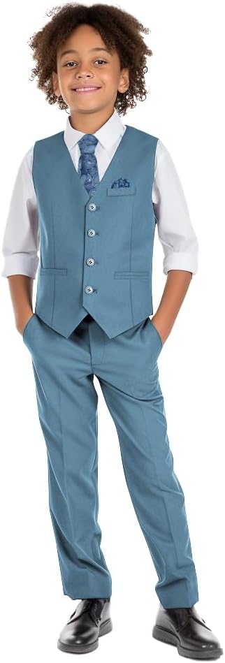 Boys' 6-Piece Formal Slim Fit Suit Set, Vest, Pants, Dress Shirt, Tie, Pocket Square, and Bow Tie