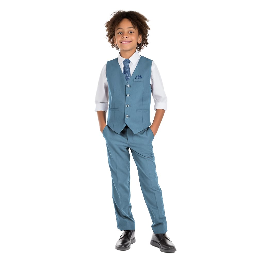 Marvelous Kids Boys' 6-Piece Formal Slim Fit Suit Set, Vest, Pants, Dress Shirt, Tie, Pocket Square, and Bow Tie