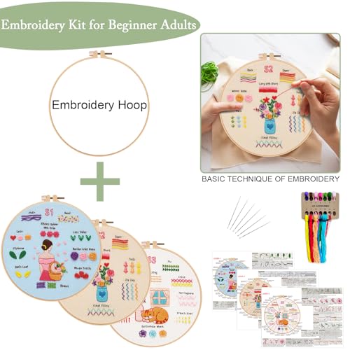 Image of Nuberlic Embroidery Kit for Beginners - 3 Pack 28 Stitches Cross Stitch Starter Set with Embroidery Hoops, Threads & Needles for Home Decor & Relaxation