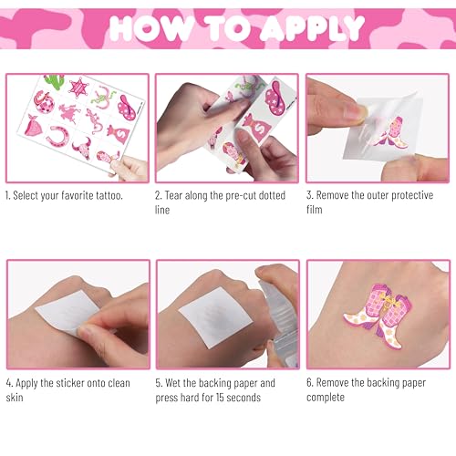 Image of 120 PCS Pre-Cut Cowgirl Temporary Tattoos for Kids Birthday Party Favors | Super Cute Disco Western Themed Supplies, Decorations, Pink Fake Tattoo Stickers, Gifts, School Rewards for Girls