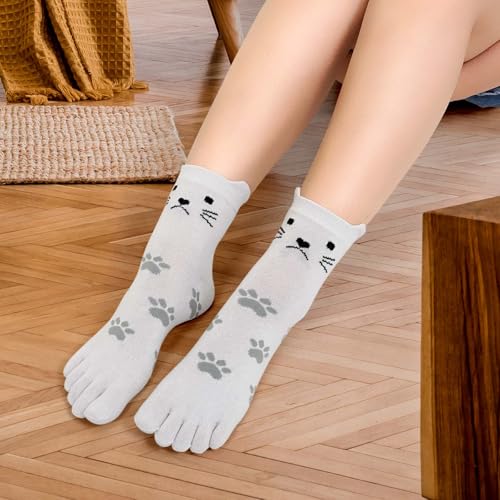 Image of ZAKASA Womens Toe Socks Funny Cat Dog Print Cotton Five Finger Socks Novelty Athletic Running Crew Ankle Socks Size 6-9