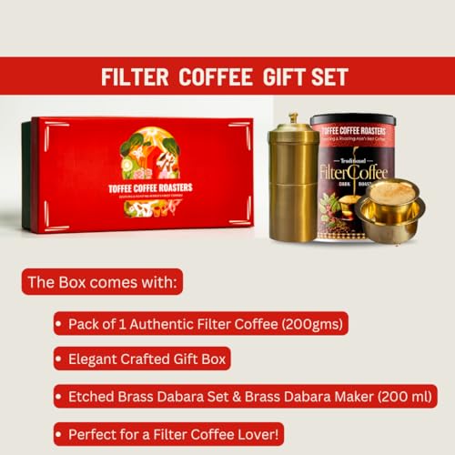 Image of Toffee Coffee Roasters- South Indian Filter Coffee Gift Set | Filter Coffee (200 gms) + Brass Filter Maker + Brass Filter Dabara