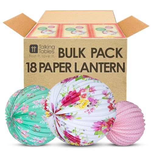 Talking Tables 18 x Hanging Tea Decorations Truly Scrumptious Floral Paper Lanterns for Birthday Party Baby Shower Wedding or Anniversary 3 Sizes Bulk Pack Eco Packaging