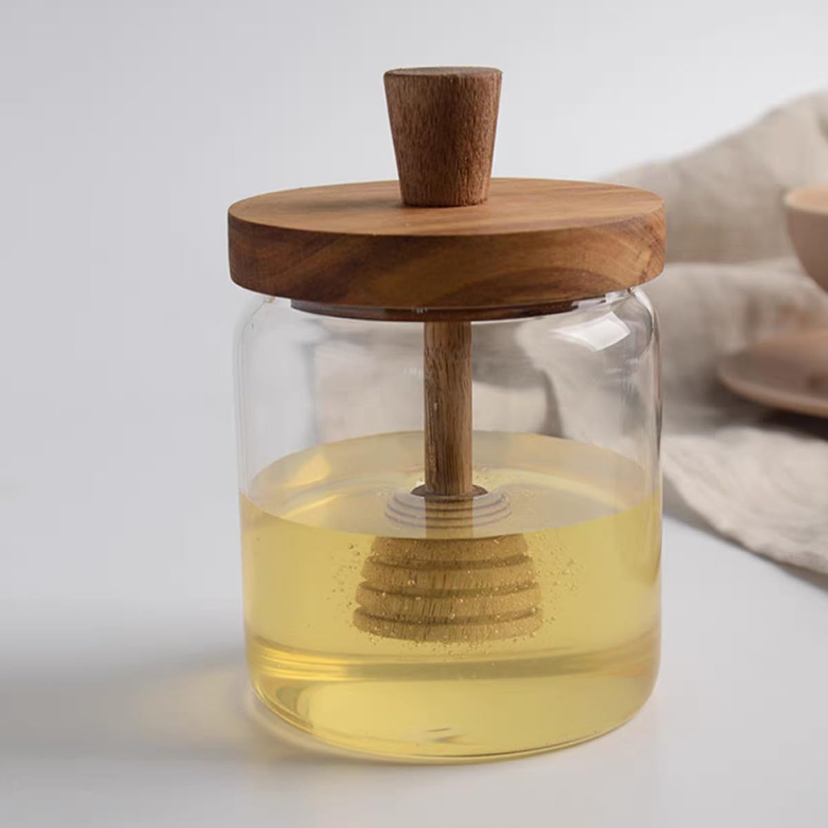 Glass Honey Jar with Dipper and Acacia Wood Lid 500ml, Sealed Glass Honey Container for Kitchen Storage and Home Use