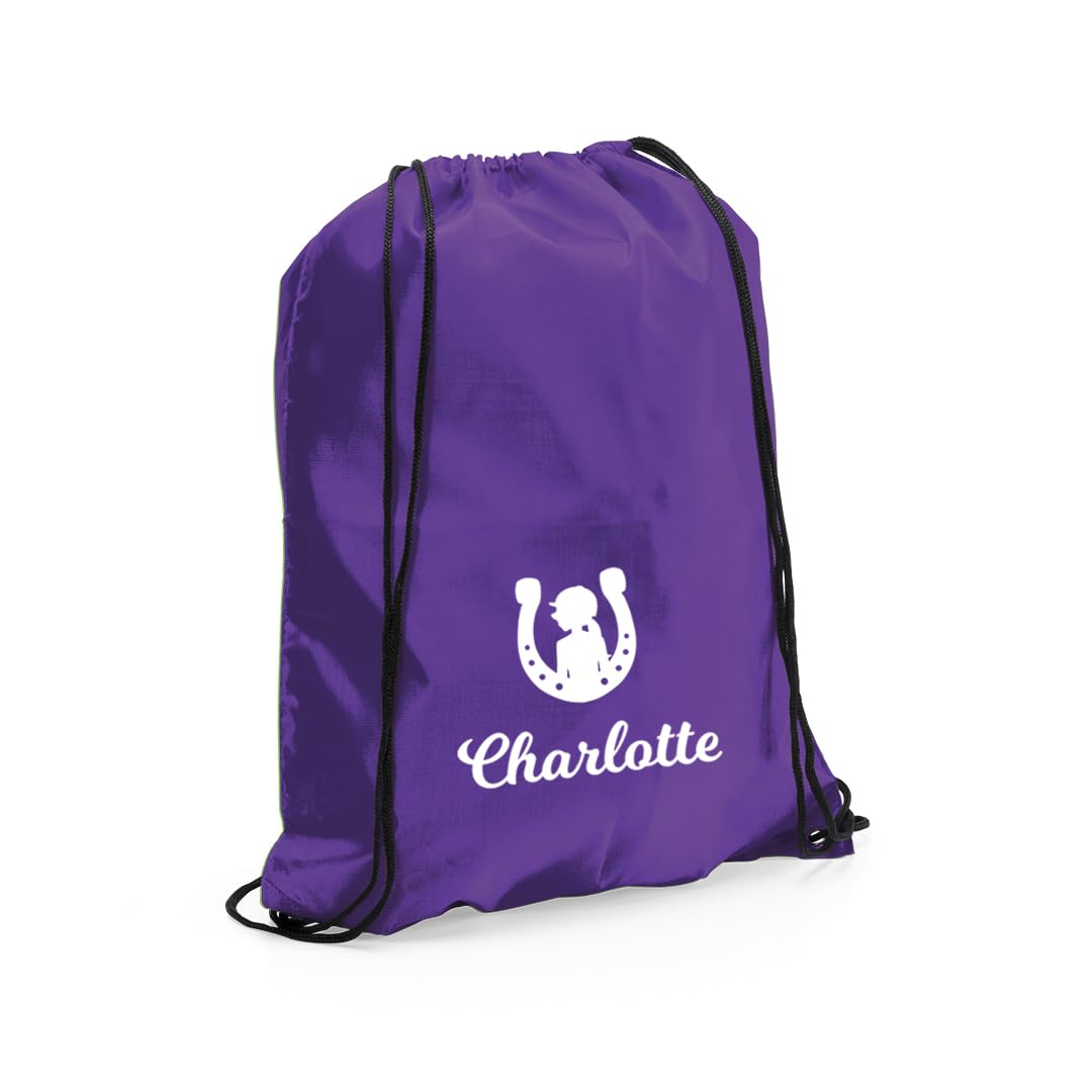 eBuyGB Personalised Horse Bag, Kids Reusable Nylon Drawstring Horse Riding Bag for Girls & Boy (Purple)