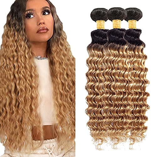 Ombre Deep Wave Bundles 1b/27 Human Hair Deep Wave Bundles Honey Blonde Bundles Human Hair Long Unprocessed Virgin Hair Wet and Wavy Bundles Remy Hair Extensions 26 28 30 Inch