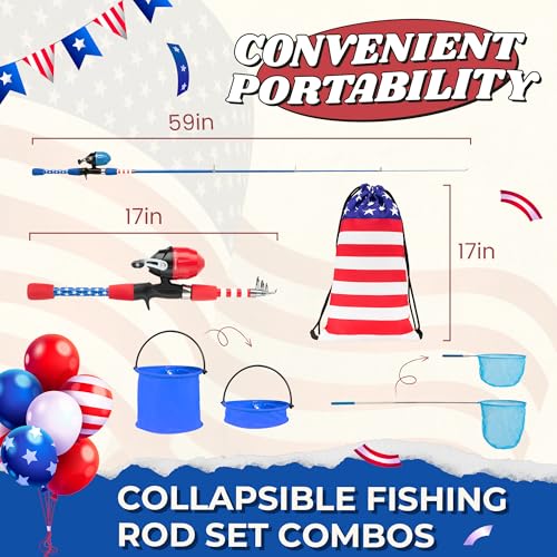 WIDDEN Kids Fishing Pole 2 Pack- Portable Telescopic Fishing Rod Set with Spincast Reel, Net, Bucket and Tackle Box - Patriotic American Flag Fishing Gear for Boys Girls Youth - 4th of July Gift by WIDDEN - Image 2