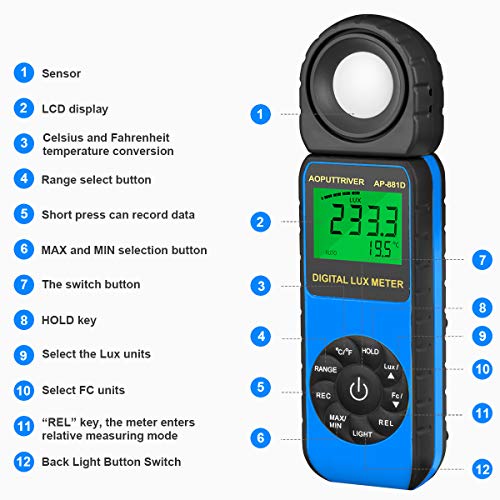 Light Meter AP-881D Digital Illuminance Meter Ambient Temperature Measurer with Range up to 400,000 Lux Luxmeter,Rotatable Head for 270 Degrees,Display 3999,Data Hold,Back Light (Blue)