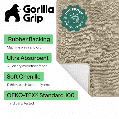 Image of GORILLA GRIP Bath Rug Mat 60x24, Thick Soft Absorbent Chenille, Quick Dry Microfiber Mats, Rubber Backing Machine Washable Shower Floor Rugs, Bathmat Runner, Bathroom Home Decor Accessories, Sand