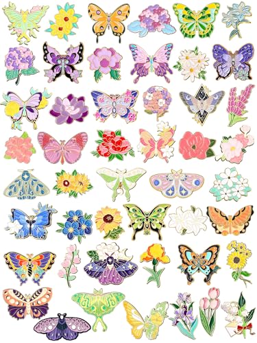 Image of Landical 48 Pcs Enamel Pins Set Butterfly and Flower Brooch Colorful Flower Butterfly Enamel Pins Bulk for Backpacks Moth Lapel Brooch for Badge Jewelry Hats Clothes