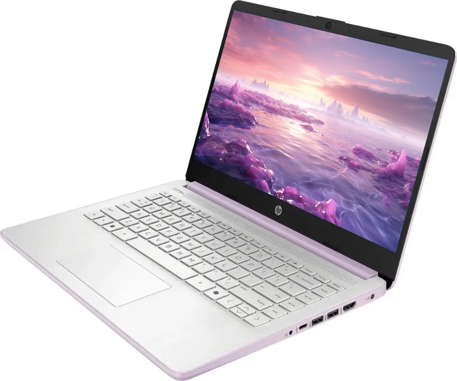 Image of HP 14 inch Business Laptop Computer with Microsoft Office 365, 4-Core Intel Processor, 128GB Storage, 4GB RAM, Windows 11, SageNova Earphones, Honey Lavender