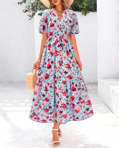 BTFBM Women Summer Fall Boho Maxi Dress Casual Floral Puff Short Sleeve V Neck Button Belt Flowy Beach Vacation Dresses4