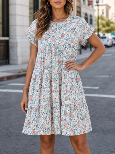 Image of Imysty Womens Boho Floral Ruffle Sleeve Babydoll Loose Flowy Casual Summer Pleated Mini Dress