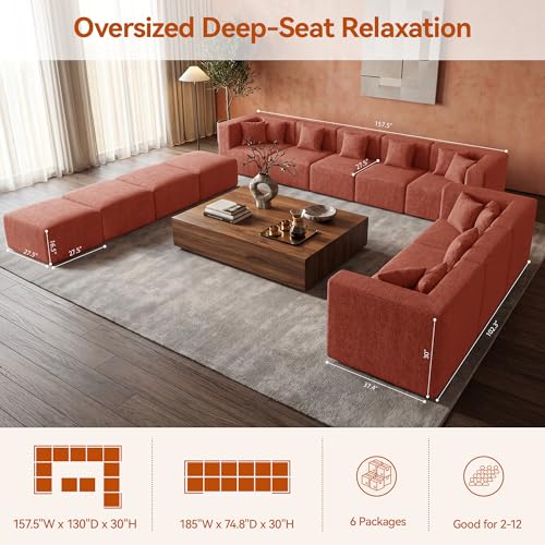 Image of MONVANE Modular Sectional Sofa, Oversized 12 Seat Convertible U Shaped Couch with Ottoman, Comfy Chenille Cloud Couch with Deep Seat, Sectional Couches for Living Room, No Assembly Required, Rust Red