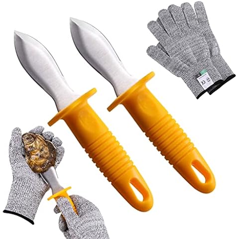 Oyster Shucking Knives and Gloves Set, 2 pcs Oyster Shucker Opener Knife with 1 Pair of Cut Resistant Level 5 Protection Gloves(XL Size), Clam Seafood Tools Kit Set with Antiskid Yellow Rubber Handle Cover