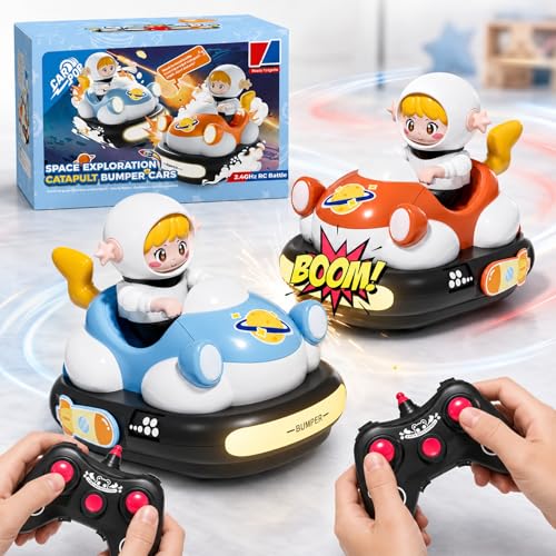BunnyJOY 2 Pack RC Bumper Cars for Kids 3-8 Remote Control Battle Cars with Pop-Up Drivers Lights & Music Rechargeable Racing Car Toys Birthday for Boys Girls