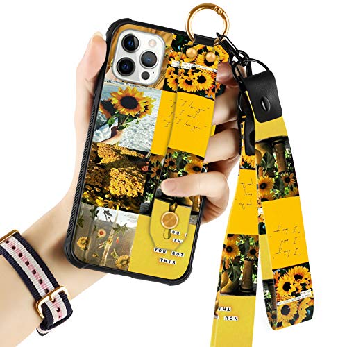 Sunflower iPhone 12 Pro Max Case with Wrist Strap Kickstand Lanyard Full-Body Shockproof Protective Wrist Band Cover for iPhone 12 Pro Max 5G 6.7'' 2020