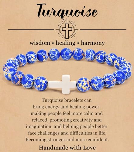 COLOYAN Christian Cross Beaded Bracelet Religious Cross Bracelet 8mm Natural Stone Healing Stretch Bracelets for Women Men