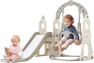 3 in 1 Slide and Swing Set for Kids,Toddler Swing,Toddler Swing and Slide Set,Basketball Hoop Garden Climbing Frames (White+gray)