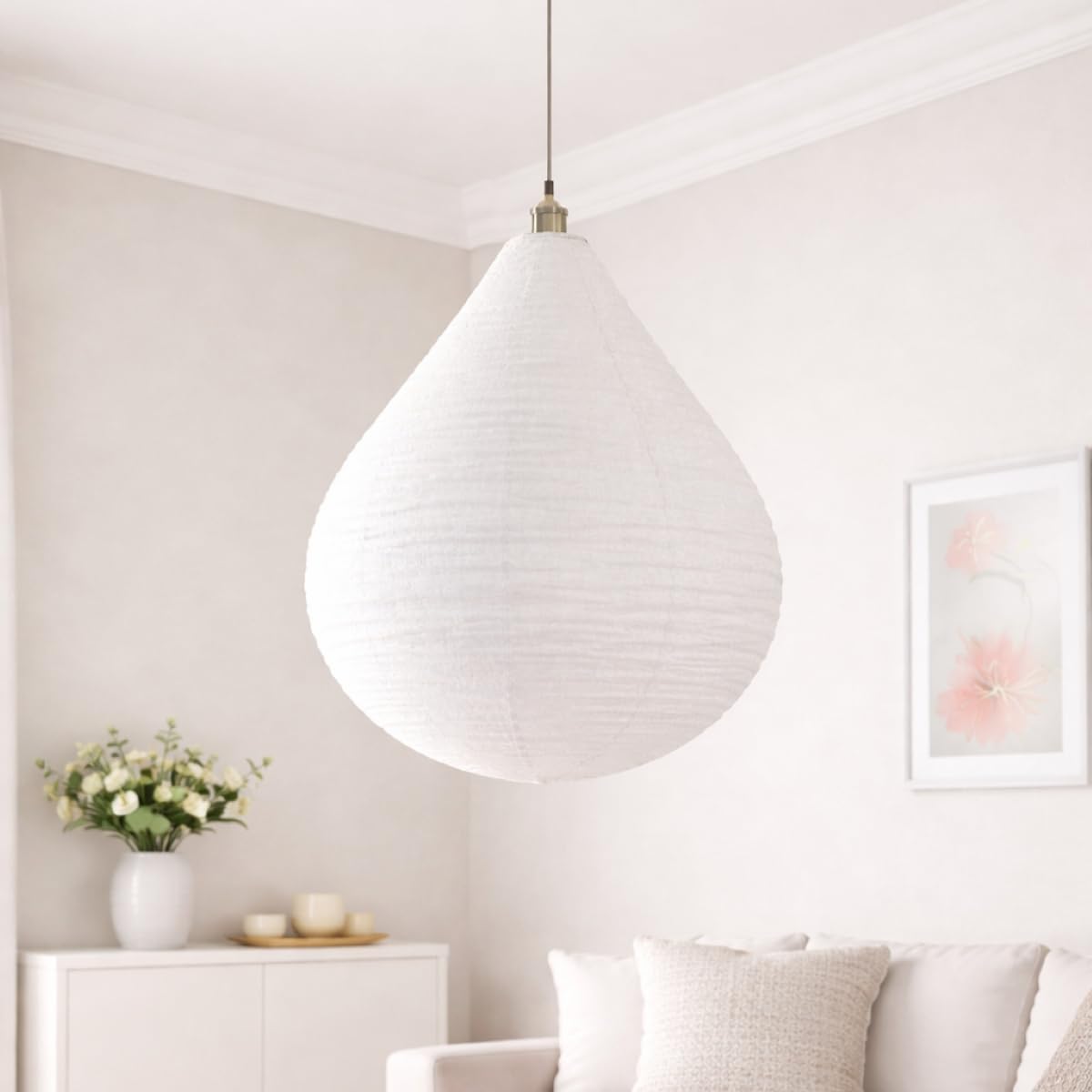 Cgc Lighting White Teardop Indoor Ceiling Handmade Easy Fit Linen Lampshade, Scandinavian Minimalist Style, Non Electrical (White Teardop)