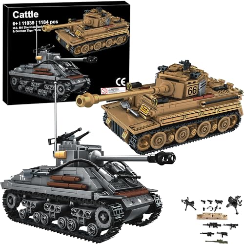 Cattle WW2 Army Tank Toys Building Kit, A German Tiger & an American M4 Sherman Tank Models 1184 Blocks Military Toy Gift for Boys Kids and Teens Age 6-14