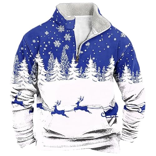 Image of Mens 1/4 Zip Christmas Sweatshirt Xmas Tree Pullover Ugly Christmas Jumper Long Sleeve Sweater Fleece Stand Collar Sweatshirts Reindeer Snowflakes Printed Jumpers Funny Xmas Warm Cosy Sweaters Blue M