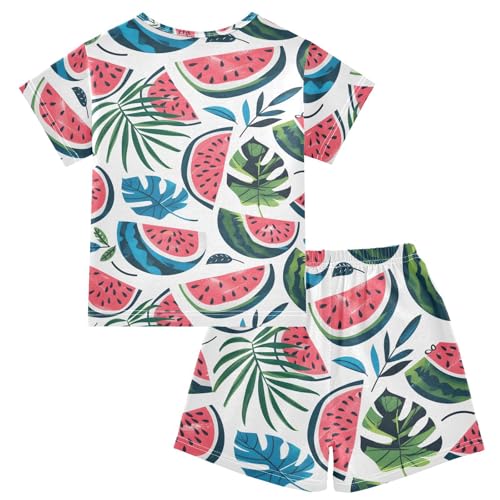 ALAZA Watermelon Tropical Palm Leaves Pajamas Short Sleeve 2 Piece Sleepwear Top and Bottom Pajama Set Unisex2