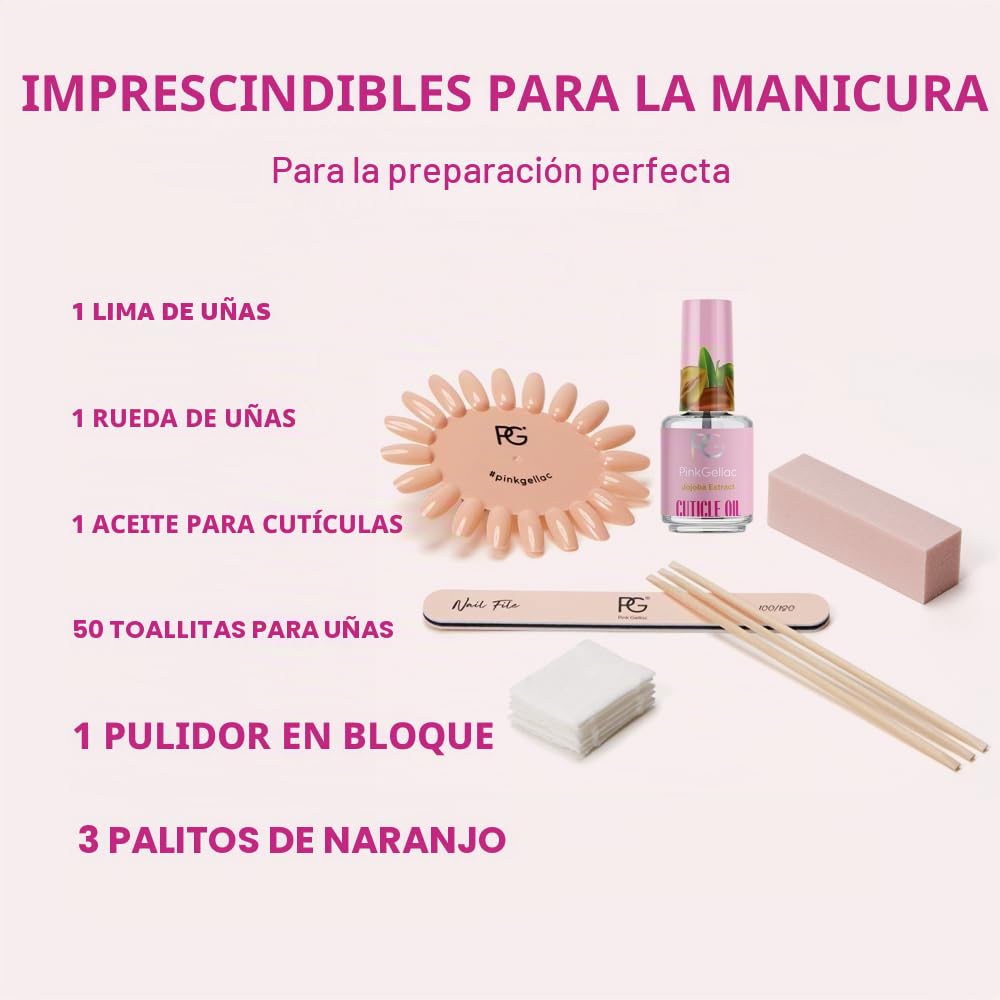 Pink Gellac Kit de Uñas Semipermanentes - Set de Manicura y Pedicura con Pro Lampara Uñas Semipermanentes Rosa, 1x Color Rosa 15 ml, Top Coat y Base Coat, Removedor y Limpiador - Calidad de Salón