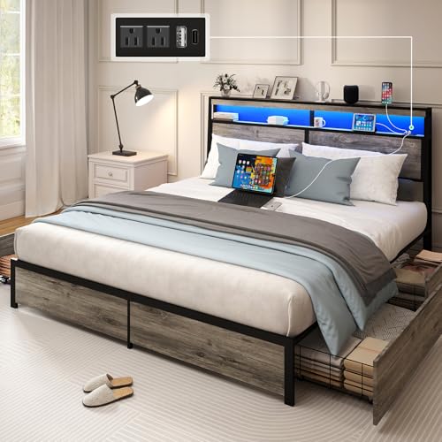 Image of SADENICEL King Size Bed Frame with 4 Storage Drawers, King Bed Frame, Grey | LED Light, Charging Station, Wood Headboard, Metal Platform, No Box Spring Needed, Noise Free, Easy Assembly