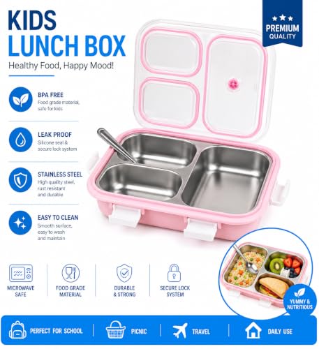 Image of Stainless Steel Lunch Box 3 Compartment with Spoon Leakproof Tiffin Box for Kids Adults Office School | Food Grade Rust Free Metal Dabba Storage Container Pink