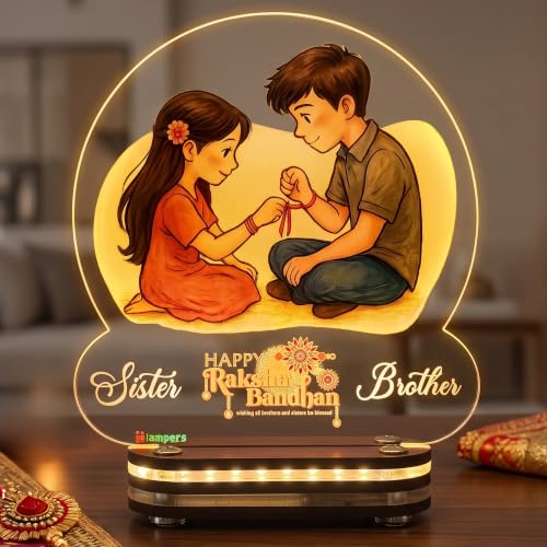 Image of lampees Personalised Raksha Bandhan LED Acrylic Lamp for Brother & Sister | Custom Name Rakhi Night Light with Brother Sister Picture | Customized Rakshabandhan Gift for Bhai Behan bro Sis