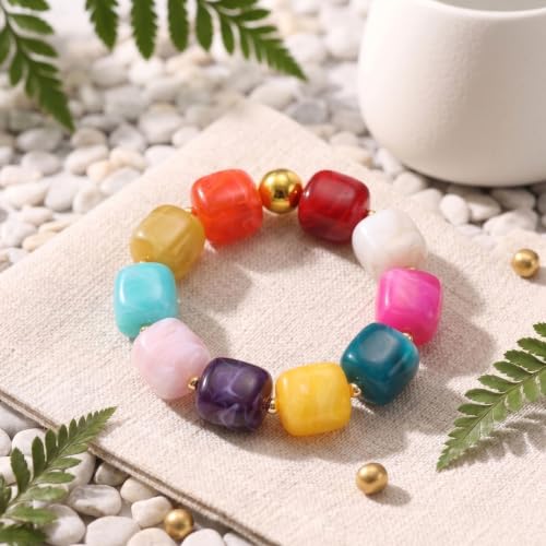 chorfla Boho Beaded Bracelet for Women,Colorful Rainbow Chunky Resin Elastic Bracelet, Handmade Style Summer Jewelry Gift — view 5